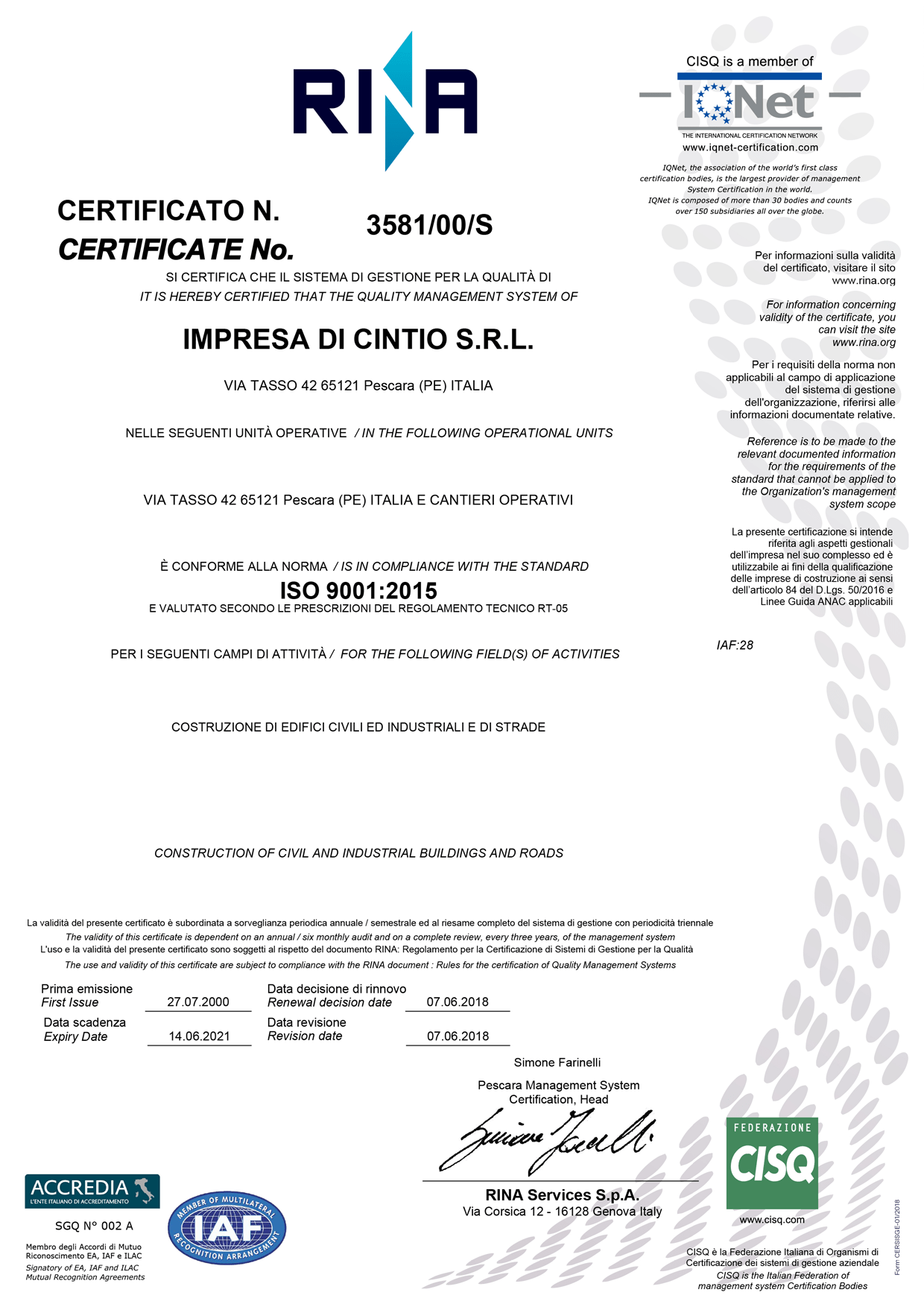 Certificazione del sistema di gestione per la qualità